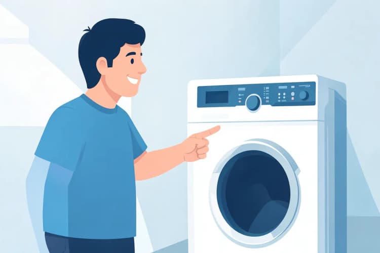 Uma pessoa sorrindo aponta para o painel de controle de uma lava e seca.