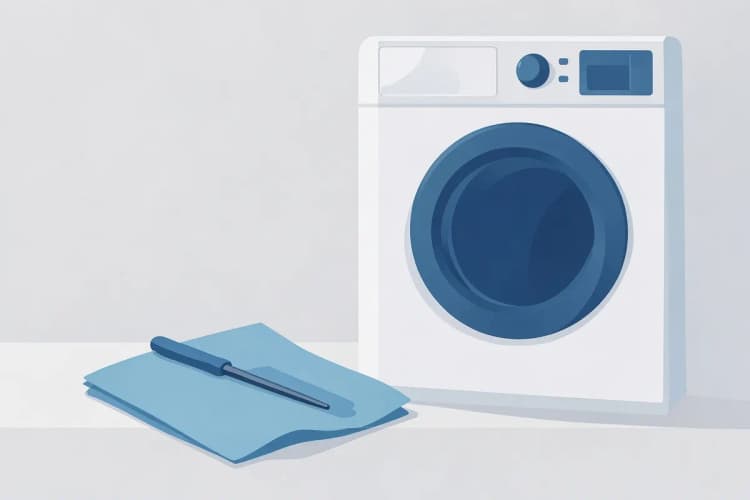 Uma chave de fenda e um pano sobre uma superfície perto de uma máquina de lavar roupa.