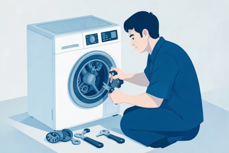 Um técnico de eletrodomésticos consertando uma máquina de lavar roupa com ferramentas.