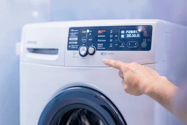 Uma pessoa verificando o painel de controle de uma lava e seca, com um dedo apontando para um código de erro.