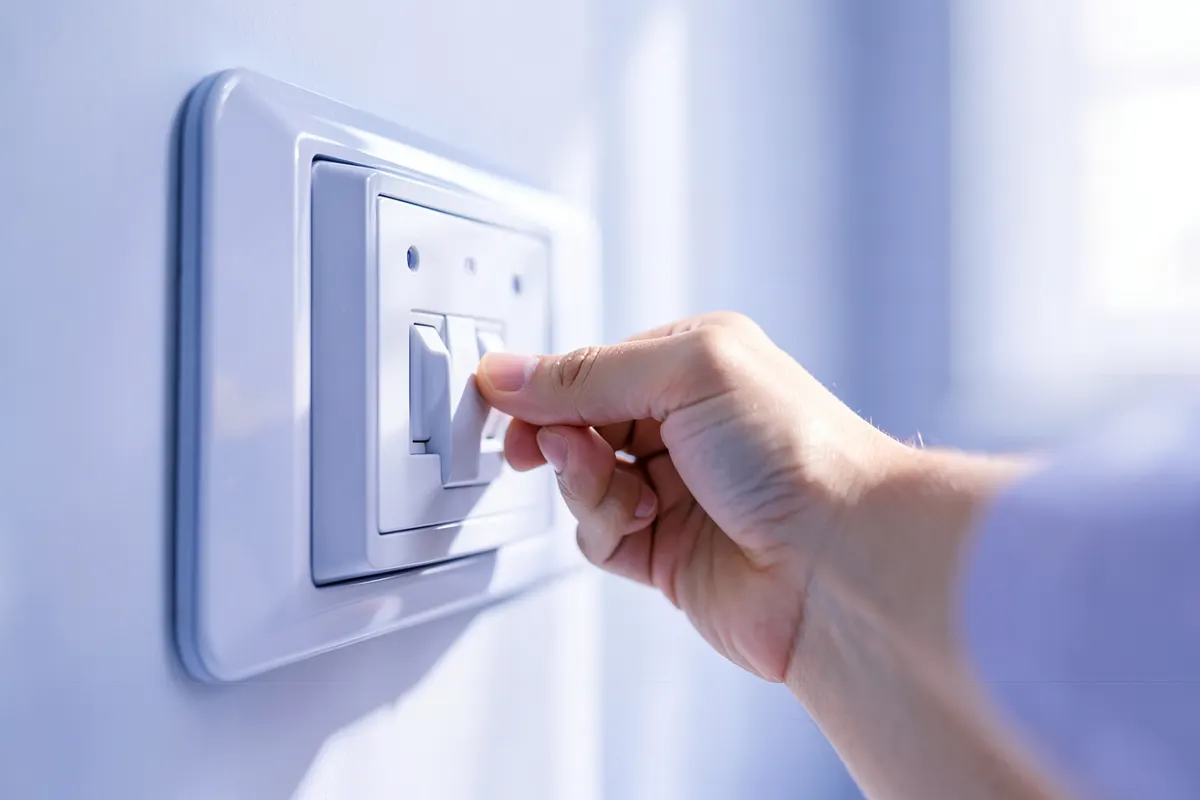 Uma mão humana verificando o disjuntor de uma casa.