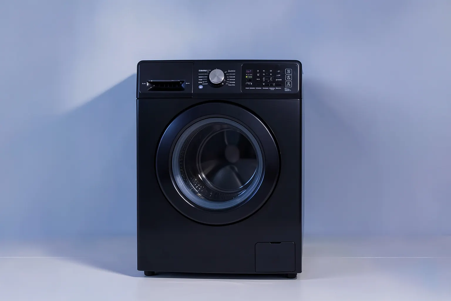 Uma máquina lava e seca Samsung preta com a porta de vidro fechada e painel de controle apagado, em um ambiente de lavanderia doméstica.