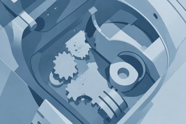 Um close-up de peças de metal e plástico de uma máquina de lavar, possivelmente de um motor ou bomba, com sinais de desgaste ou sujeira.