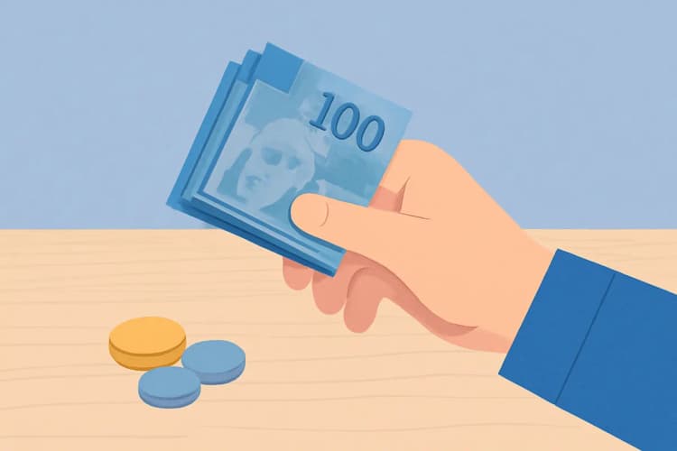 Uma mão segurando algumas notas de dinheiro e moedas sobre uma bancada, representando o custo de um serviço.