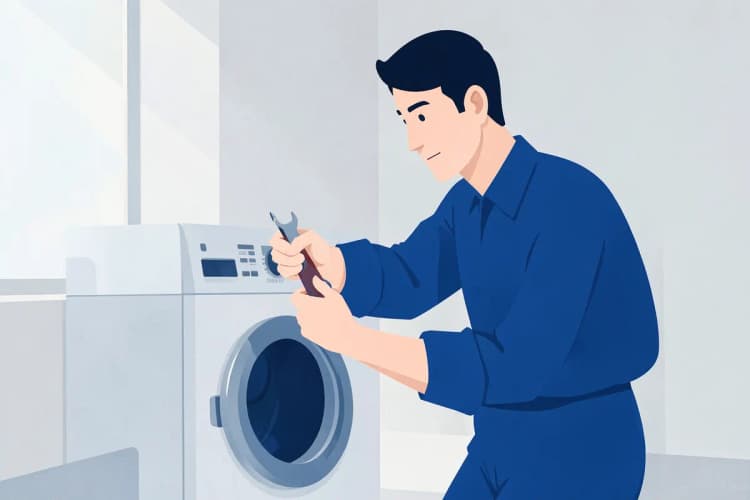 Técnico de uniforme azul consertando uma máquina de lavar Samsung com ferramentas.