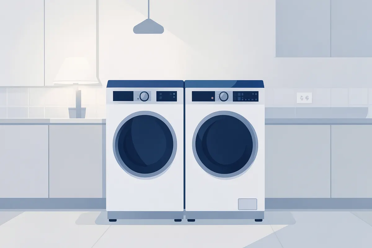 Uma máquina de lavar e secar Samsung em um ambiente doméstico limpo e organizado.