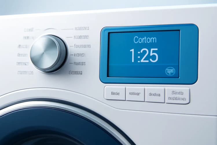 Painel de controle de uma máquina lava e seca LG com botões e visor digital.
