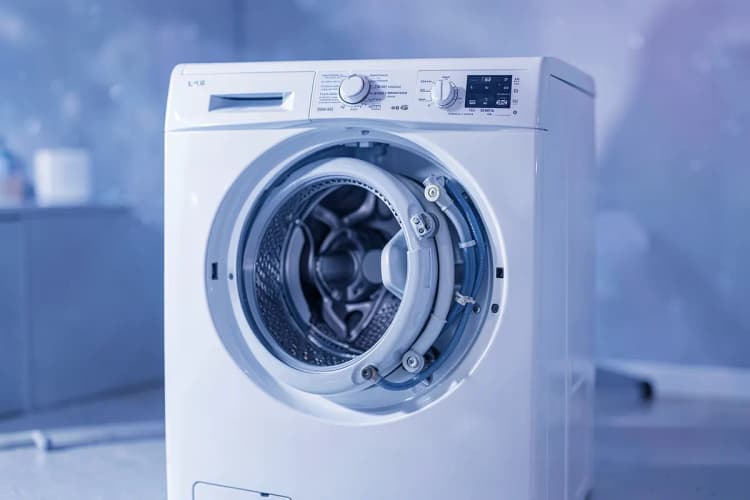 Peças internas de uma máquina lava e seca, como motor e mangueiras.