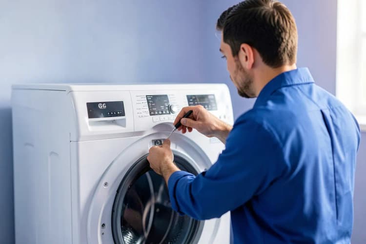 Técnico de conserto examinando a parte traseira de uma máquina lava e seca LG.