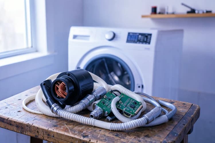 Peças de máquina de lavar e secar empilhadas em uma bancada, incluindo motor e mangueiras.