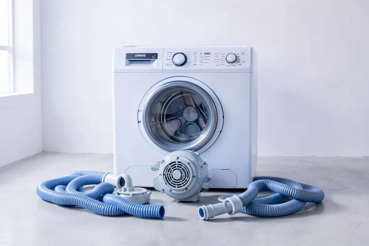 Peças de uma máquina lava e seca Samsung desmontadas, como motor e mangueiras, sobre um piso limpo.