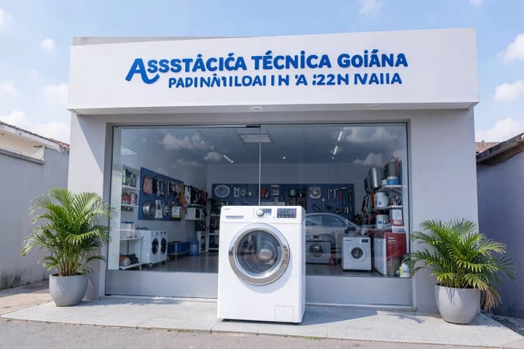Fachada de uma loja de assistência técnica de eletrodomésticos com o nome "Assistência Técnica Goiânia" em destaque.