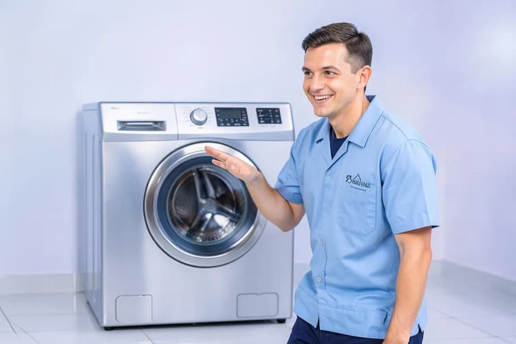 Um técnico sorrindo e mostrando uma máquina lava e seca limpa e funcionando.