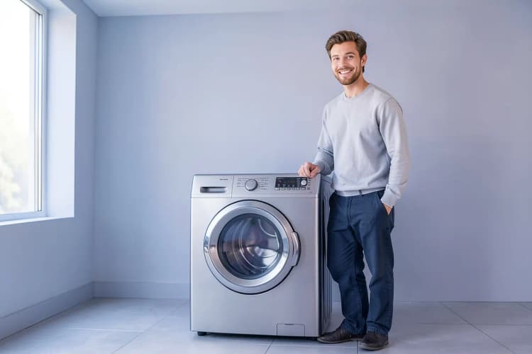 Homem sorrindo ao lado de máquina de lavar e secar roupa em uma lavanderia