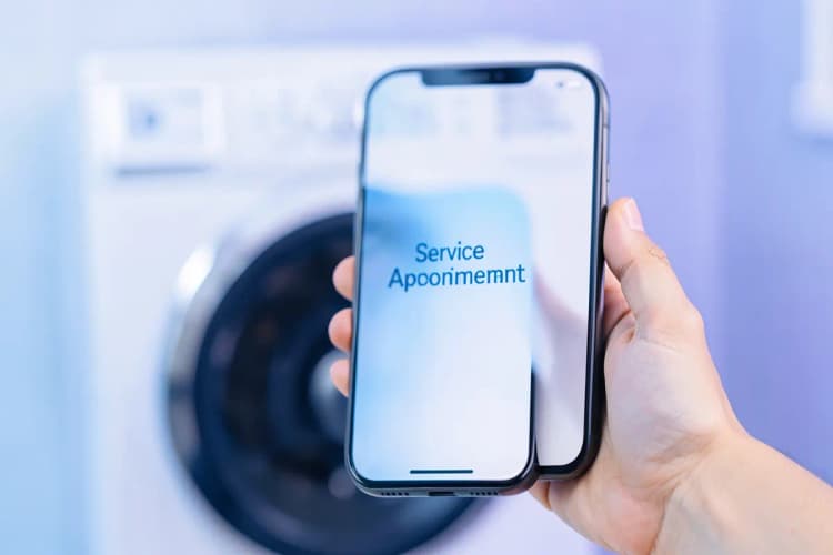 Mão segurando um telefone celular com tela exibindo um aplicativo de agendamento de serviços