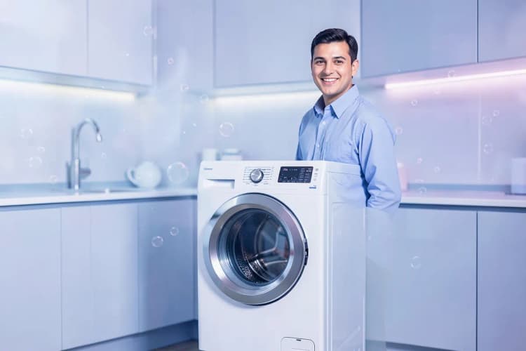 Técnico de serviço sorrindo em frente a uma máquina de lavar e secar roupa em uma cozinha planejada