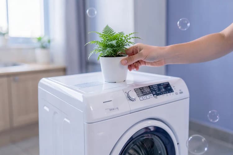 Mão colocando um pequeno vaso de planta em cima de uma máquina de lavar e secar roupa em uma lavanderia planejada