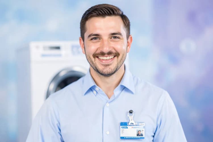 Close-up de um técnico de serviço com um crachá de identificação em sua camisa, sorrindo para a câmera