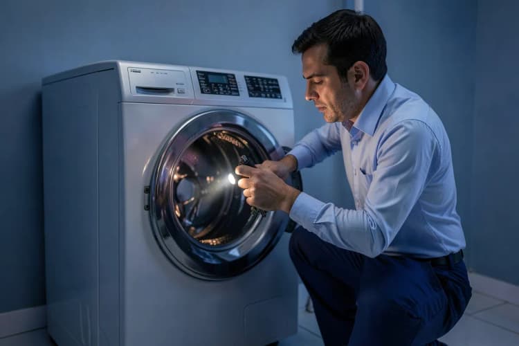 Técnico de eletrodomésticos examinando a parte traseira de uma máquina de lavar e secar com ferramentas.