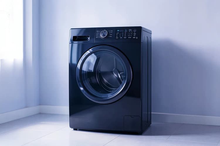 Máquina lava e seca Samsung com design moderno em cor preta, porta de vidro espelhada e painel de controle digital integrado. A máquina está em uma lavanderia minimalista, com luz natural entrando pela lateral. A porta está fechada, sem ação.