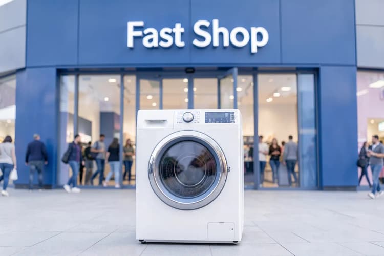 Fachada de uma grande loja de eletrodomésticos com a marca "Fast Shop" em destaque. A entrada principal é visível, com algumas pessoas entrando e saindo. Luz do dia, cena externa ampla. A loja está em um centro comercial.