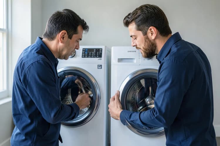 Técnico de eletrodomésticos examinando a parte traseira de uma máquina lava e seca Samsung.