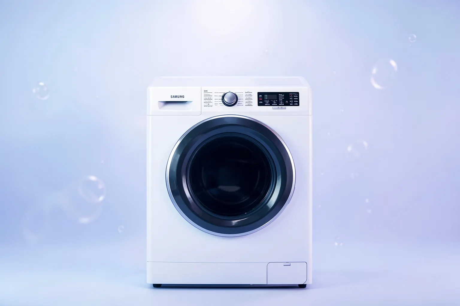 Máquina lava e seca Samsung com a porta fechada e painel apagado, sugerindo que não liga.