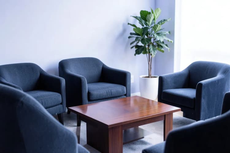 Sala de espera moderna e confortável com poltronas elegantes e plantas, indicando um ambiente de alta qualidade.