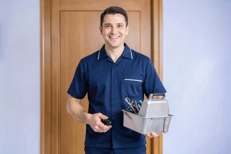 Técnico uniformizado sorrindo e segurando uma caixa de ferramentas, em frente a uma porta de residência.