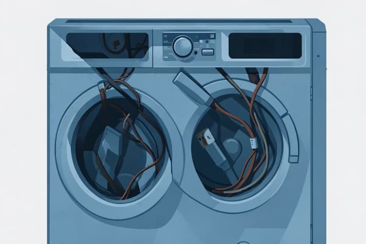 Peças internas de uma lava e seca Samsung com sinais de superaquecimento