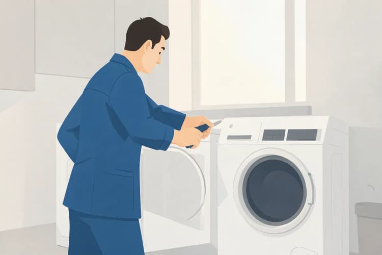 Homem examinando a parte traseira de uma lava e seca Samsung