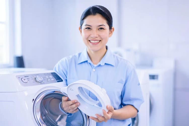 Técnico uniformizado sorrindo, segurando uma peça de máquina de lavar e secar, em plano médio.