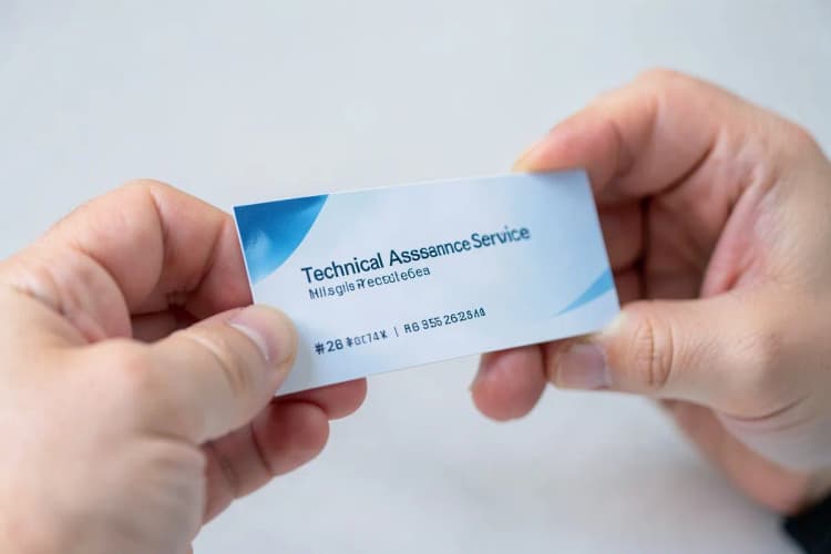 Pessoa analisando um cartão de visita com informações de contato de assistência técnica, em close-up.