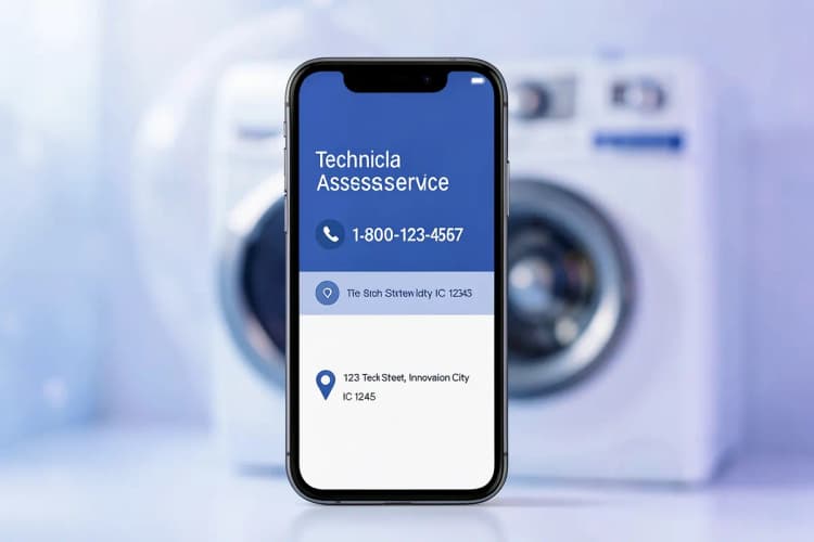 Tela de celular exibindo a página de contato de uma assistência técnica com telefone e endereço, em close-up.