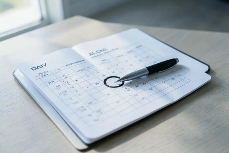 Agenda aberta com um dia marcado com caneta, simbolizando agendamento de serviço, em plano detalhe.