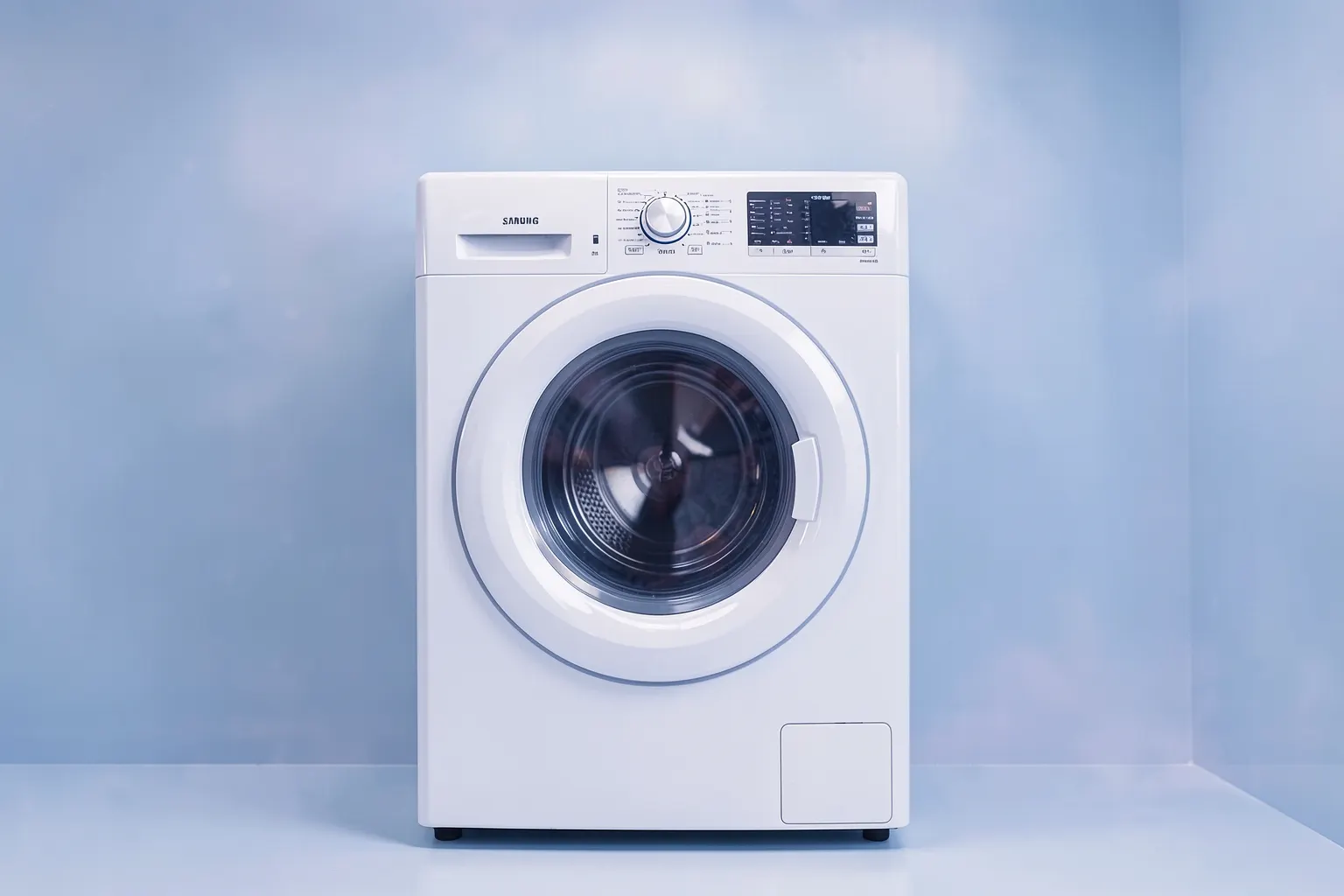 Uma máquina lava e seca Samsung branca em um ambiente de lavanderia, com a porta de vidro ligeiramente aberta.