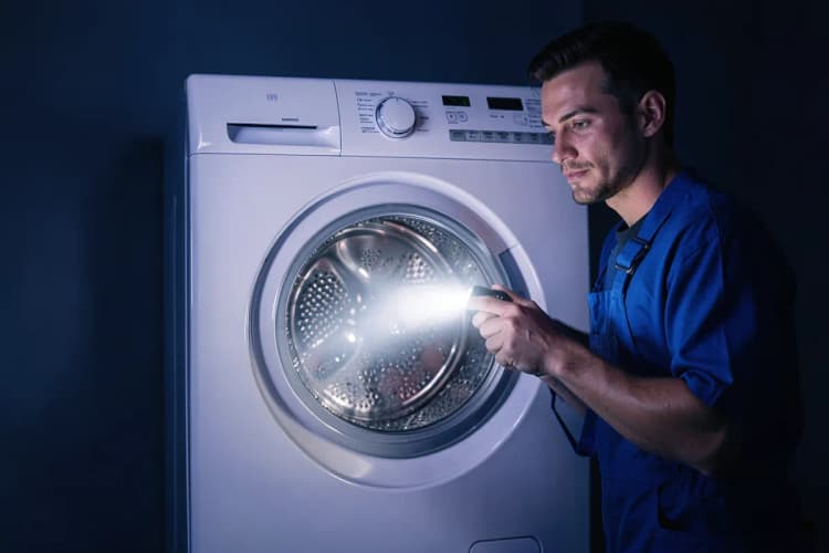 Técnico de uniforme azul examinando o interior de uma máquina de lavar e secar com uma lanterna.