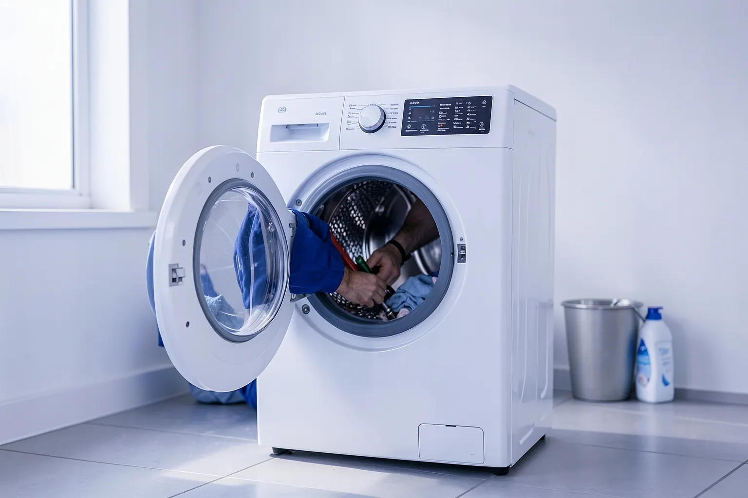 Máquina de lavar e secar roupa com a porta aberta e um técnico dentro dela, em um ambiente de lavanderia.