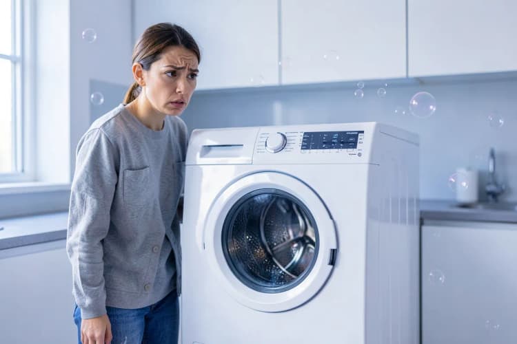 Uma pessoa com expressão confusa olhando para uma máquina de lavar e secar roupa que está vibrando.