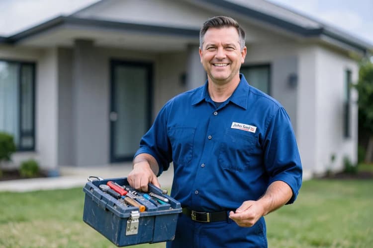 Um técnico de eletrodomésticos com um uniforme azul, sorrindo e segurando uma caixa de ferramentas.